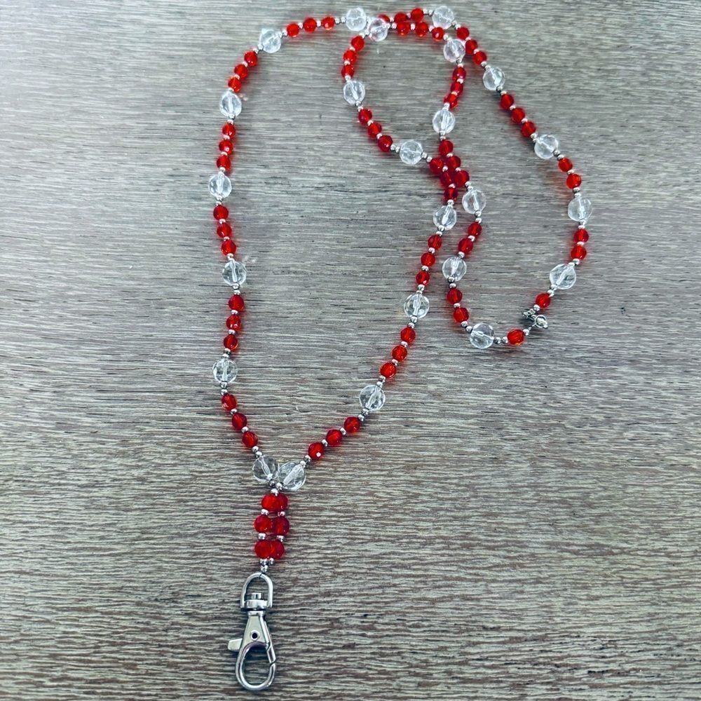 Red Beaded Lanyard ID Badge Clip